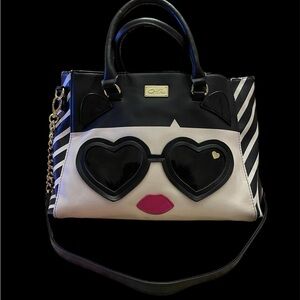 Betsey Johnson Black and White Tote Bag with Heart Sunglasses Design